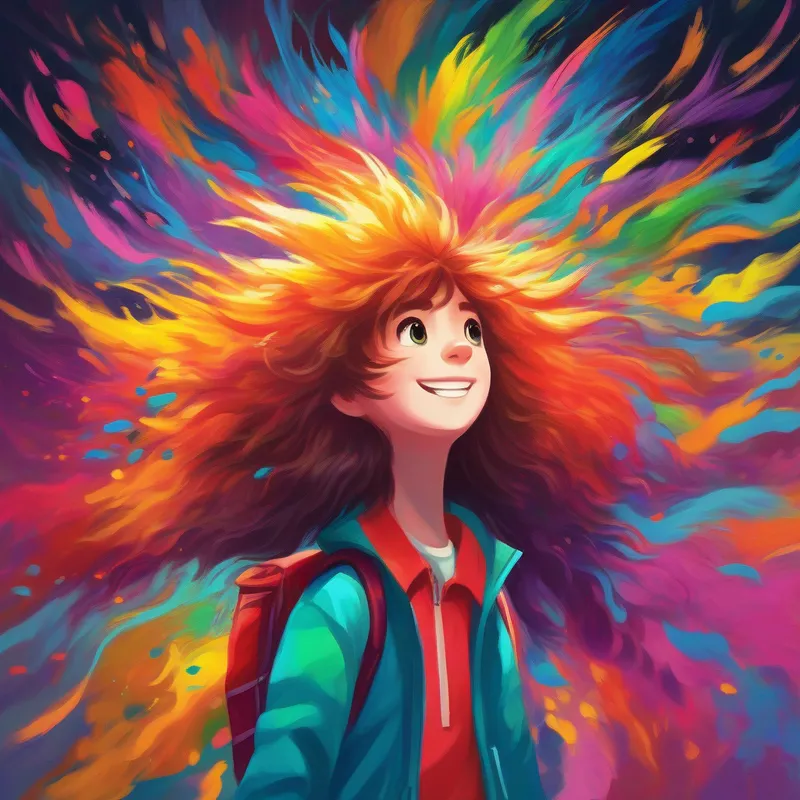 A burst of colors celebrates Energetic and curious with wild, untameable hair - always ready to learn's success and newfound confidence.