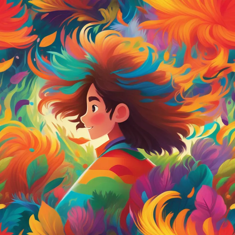 The final page showcases Energetic and curious with wild, untameable hair - always ready to learn's journey, surrounded by vibrant colors symbolizing confidence.