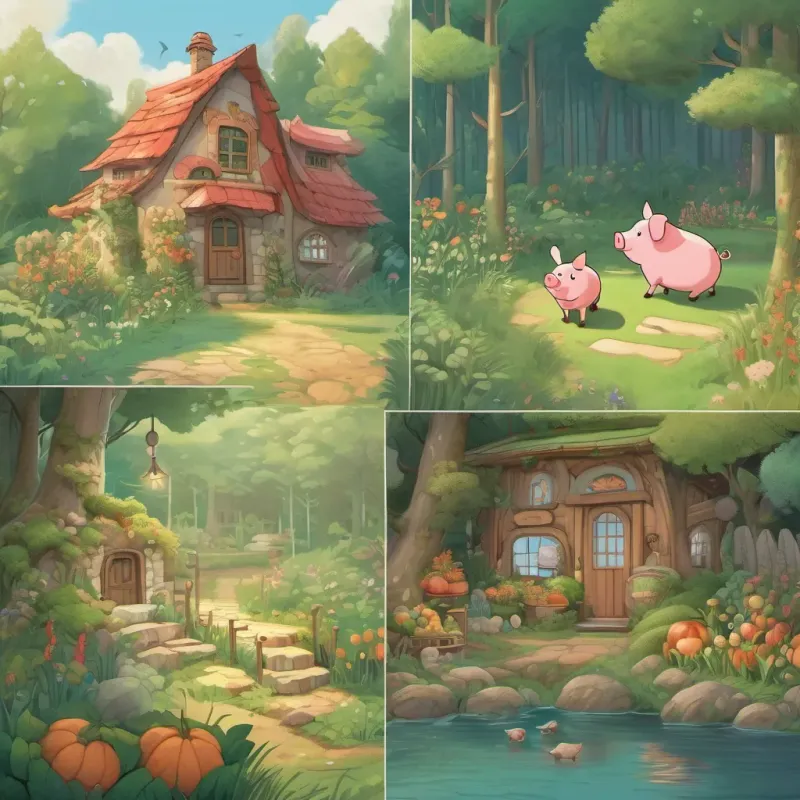 A quaint little house by the edge of the forest, with a hungry A cheerful pig with a perpetual appetite, always ready for an adventure and a A wise little mouse named Wuzy, who knows all the best places in the forest friend leading him to a giant vegetable garden.