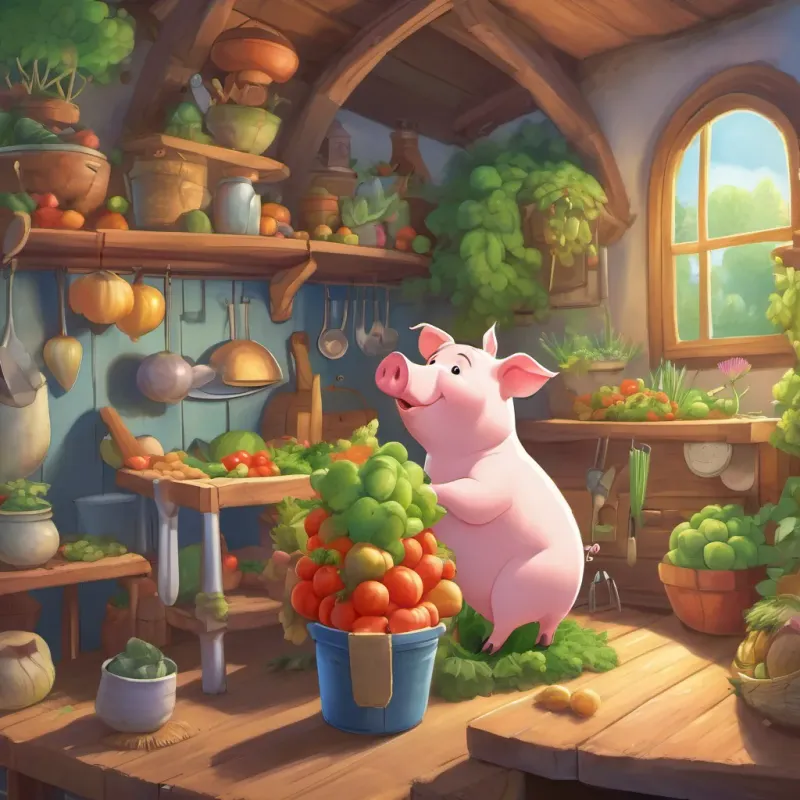 Inside the house, a hungry A cheerful pig with a perpetual appetite, always ready for an adventure talks to a little A wise little mouse named Wuzy, who knows all the best places in the forest who suggests visiting a giant vegetable garden.