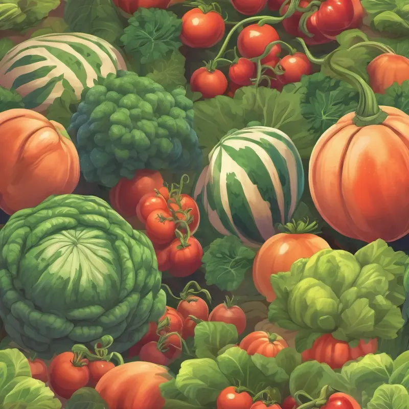 A vast garden filled with giant vegetables: enormous carrots, huge watermelons, and gigantic tomatoes.