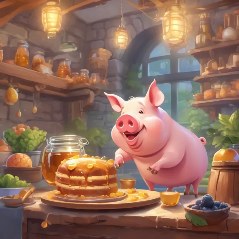 The A cheerful pig with a perpetual appetite, always ready for an adventure squeals with joy and starts eating everything he sees, comparing some of the food to honey.