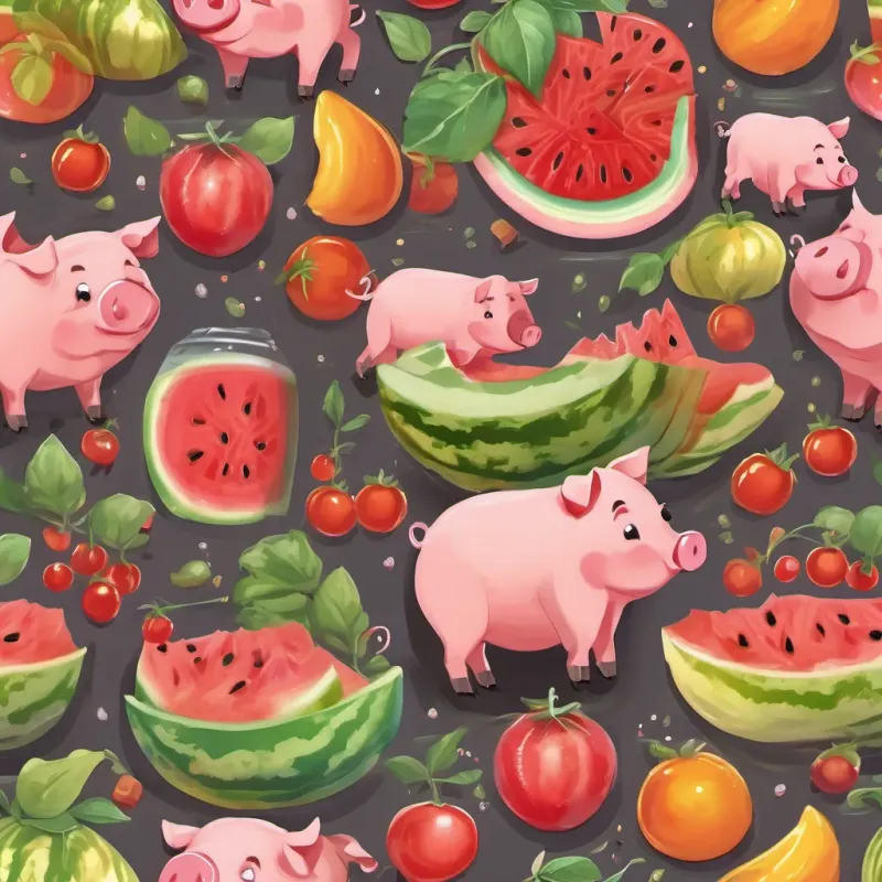 The A cheerful pig with a perpetual appetite, always ready for an adventure eats watermelon and tomatoes with juice dripping all around, commenting on their sweetness.