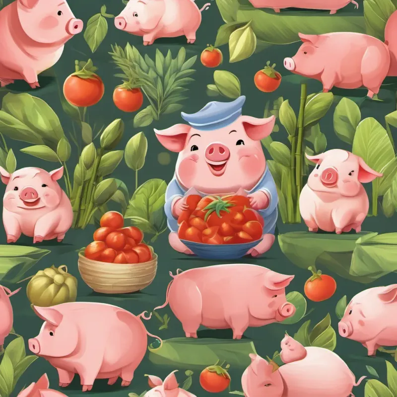 The A cheerful pig with a perpetual appetite, always ready for an adventure laughs as he sees tomato-shaped like guests and giant bamboo shoots looking like tiny houses.