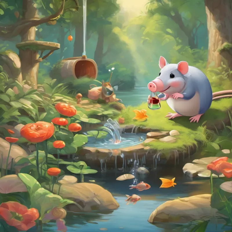 The A wise little mouse named Wuzy, who knows all the best places in the forest pours food in a fishpond while the A cheerful pig with a perpetual appetite, always ready for an adventure drinks tomato juice like ancient royal water.