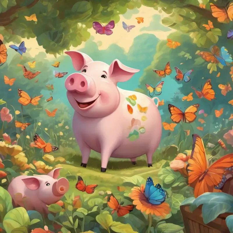 A flock of colorful butterflies gathers vegetable scraps, and the A cheerful pig with a perpetual appetite, always ready for an adventure plays excitedly with the butterflies.