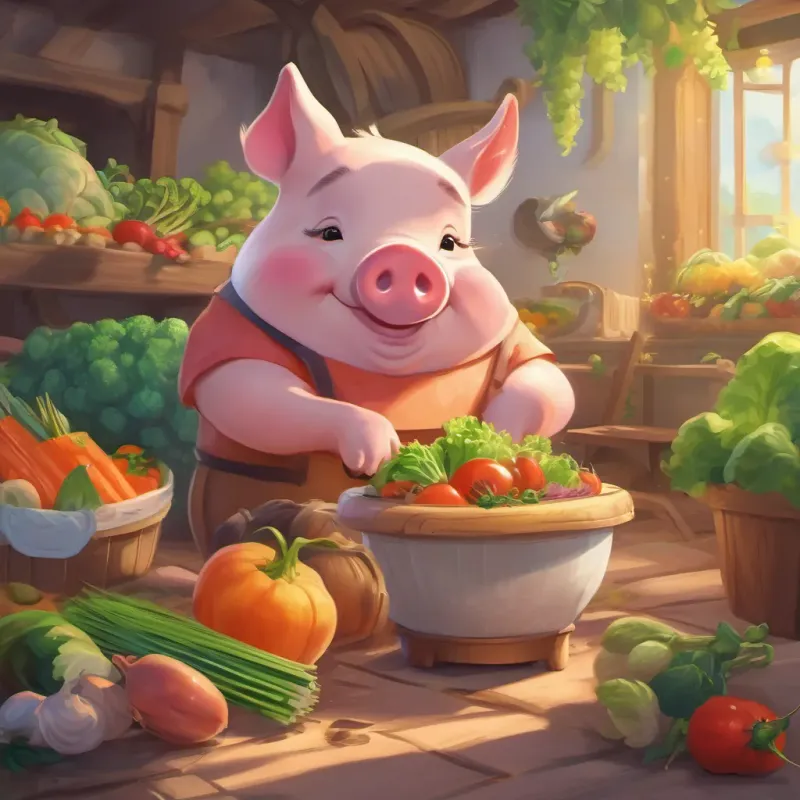The A cheerful pig with a perpetual appetite, always ready for an adventure rests while the vegetables speak sweetly, acknowledging the A cheerful pig with a perpetual appetite, always ready for an adventure's constant hunger.