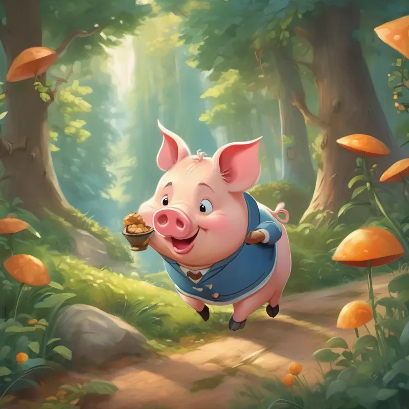 The A cheerful pig with a perpetual appetite, always ready for an adventure thanks the A wise little mouse named Wuzy, who knows all the best places in the forest by saying the treats made him happy. They hug and stroll back home together.