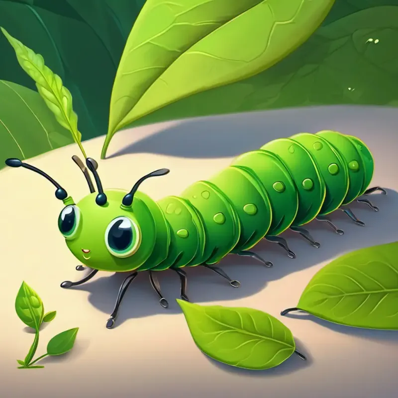 Benny is a small green caterpillar with tiny legs, crawling on a big green leaf is a small green caterpillar with tiny legs, crawling on a big green leaf.