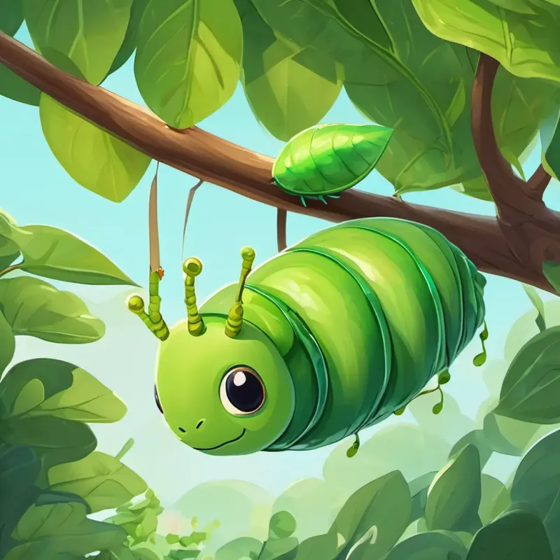 Benny is a small green caterpillar with tiny legs, crawling on a big green leaf is now inside a soft and cozy cocoon, hanging from a tree branch.