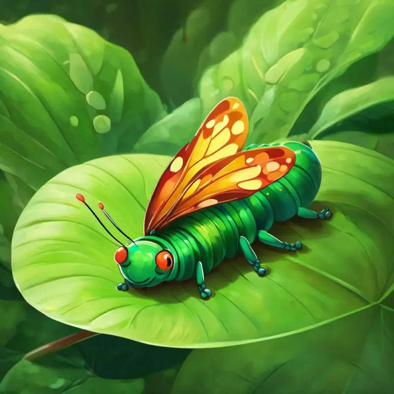 Benny is a small green caterpillar with tiny legs, crawling on a big green leaf is now a stunning butterfly with vibrant wings, fluttering in the air.