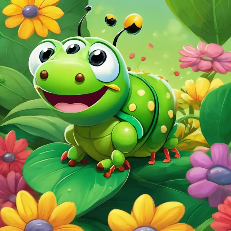 Benny is a small green caterpillar with tiny legs, crawling on a big green leaf is happily flying among colorful flowers, with a big smile on his face.