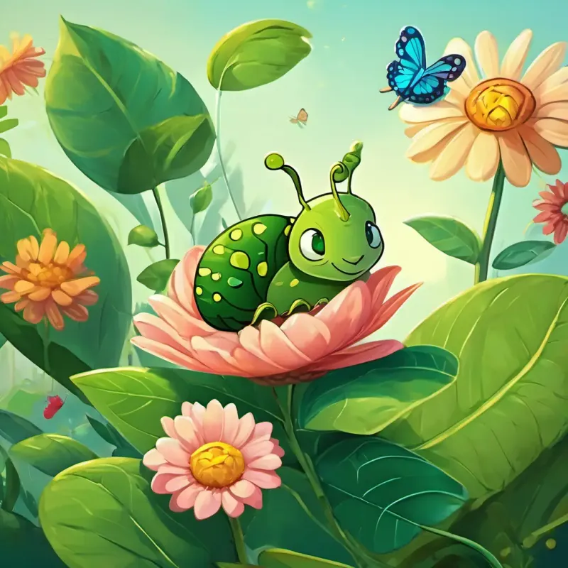 Benny is a small green caterpillar with tiny legs, crawling on a big green leaf is peacefully resting on a flower, surrounded by other butterflies.