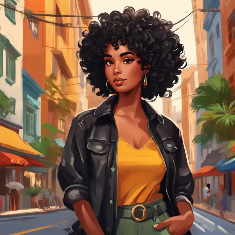 Introduction to Curly black hair, beautiful brown skin, and shining brown eyes and Curly black hair, beautiful brown skin, and big, bright eyes, setting in a big city in Brazil, emphasizing their pride in their culture