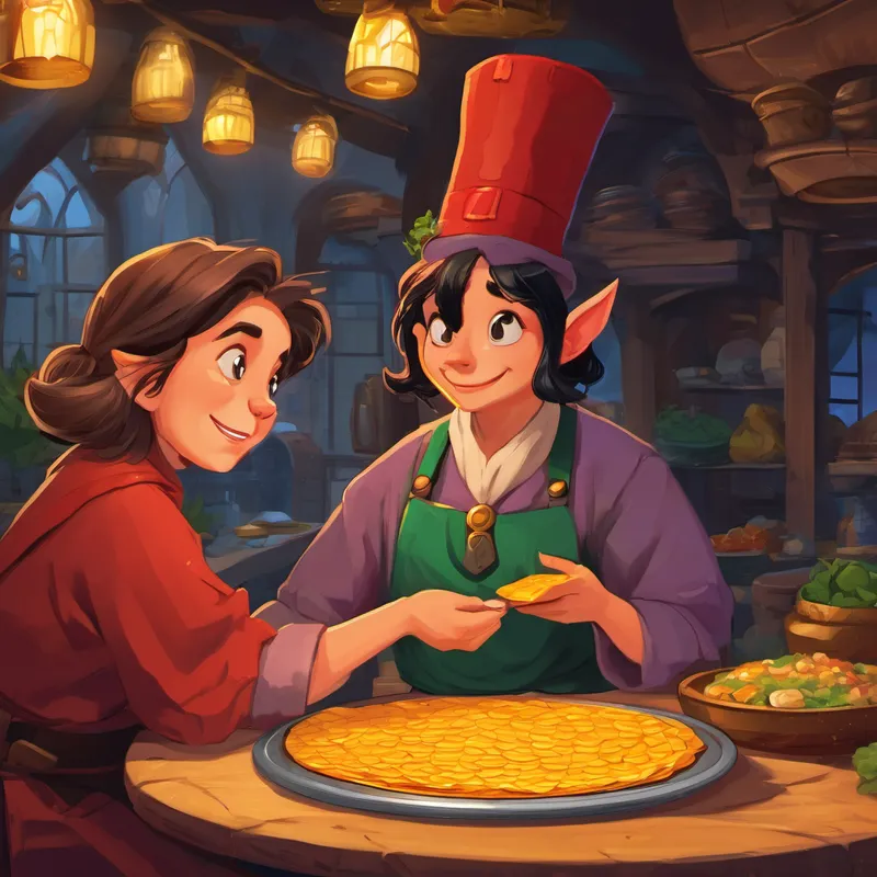 Finally, it was Grumblepot's turn to order a burrito. Believing he could fool Tilly, he confidently gave her a fake gold coin. Thinking quickly, Buttrest snatched the coin from Tilly's hand. Using her powers once more, she discovered it was nothing but an illusion crafted by the goblin. Buttrest chuckled and said, "Oh, dear Grumblepot, you really should've known better! You can't fool us with your tricks." The other customers watched with amusement as the goblin turned red with embarrassment.