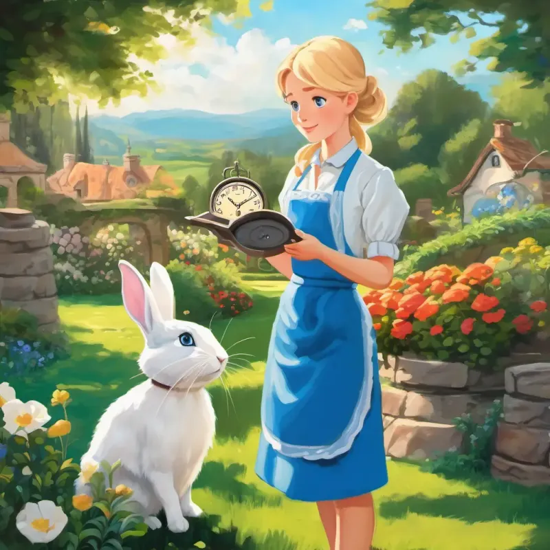 Blonde hair, blue eyes, wearing a blue dress, white apron standing in a garden, looking at a rabbit with a clock.