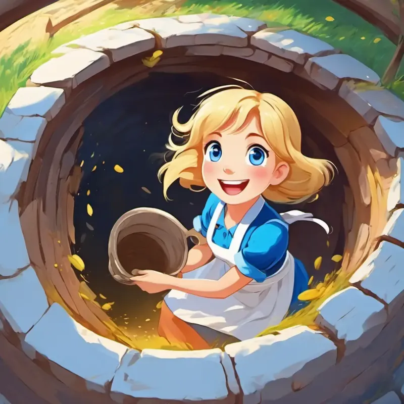 Blonde hair, blue eyes, wearing a blue dress, white apron falling down the hole with a big smile.