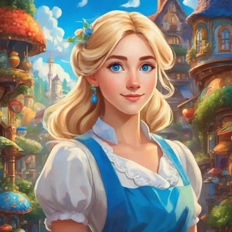 Blonde hair, blue eyes, wearing a blue dress, white apron looking around at the colorful and strange Wonderland.