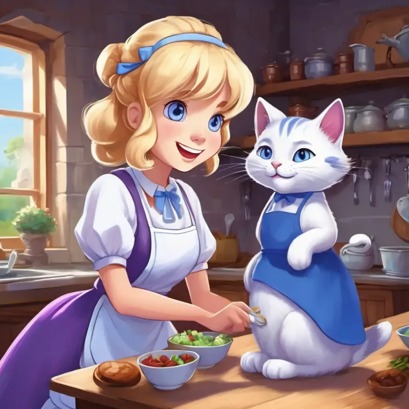 Blonde hair, blue eyes, wearing a blue dress, white apron talking to a big purple cat with a big grin.