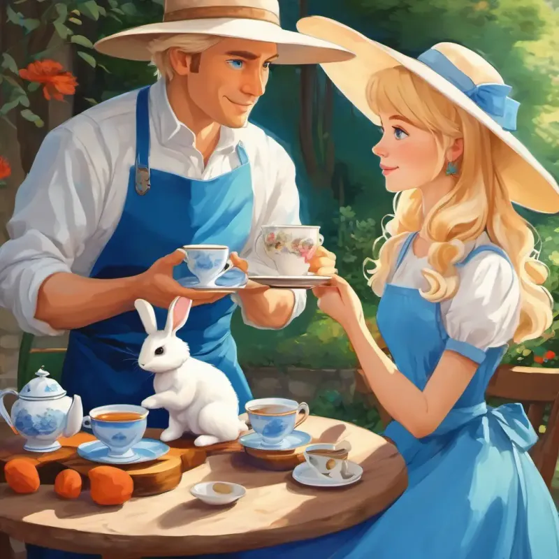 Blonde hair, blue eyes, wearing a blue dress, white apron having tea with a man in a big hat and a fluffy bunny.