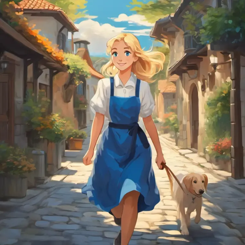 Blonde hair, blue eyes, wearing a blue dress, white apron walking back home with a smile on her face.