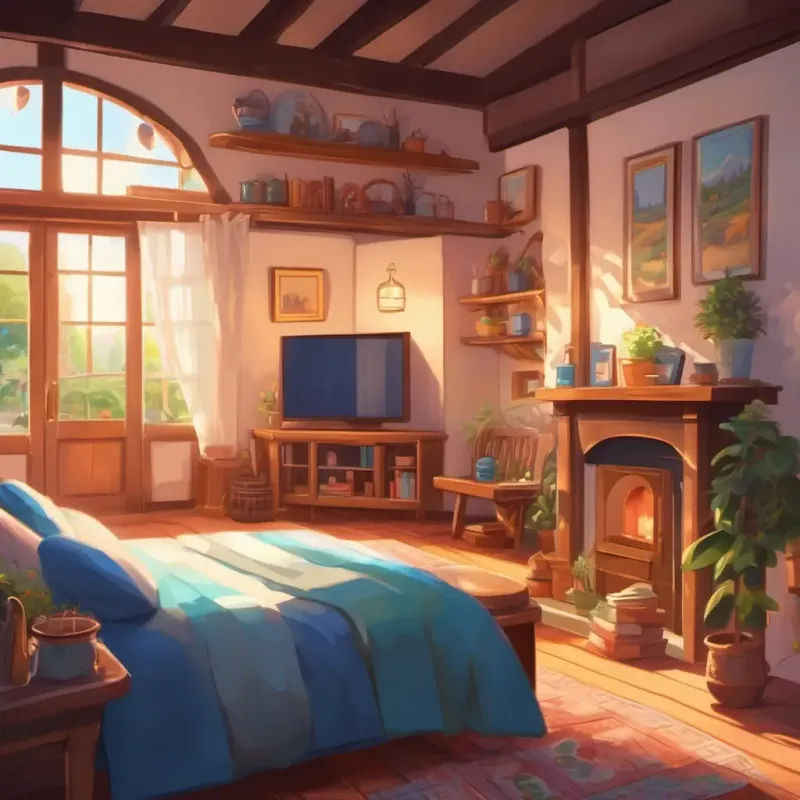 Opening scene, cozy house, introduces Kind girl, fair skin, blue eyes, always wearing a warm smile