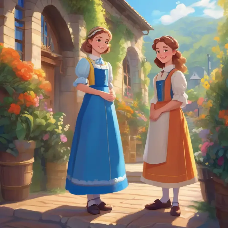 Introduces stepsisters' behavior, Kind girl, fair skin, blue eyes, always wearing a warm smile's kindness
