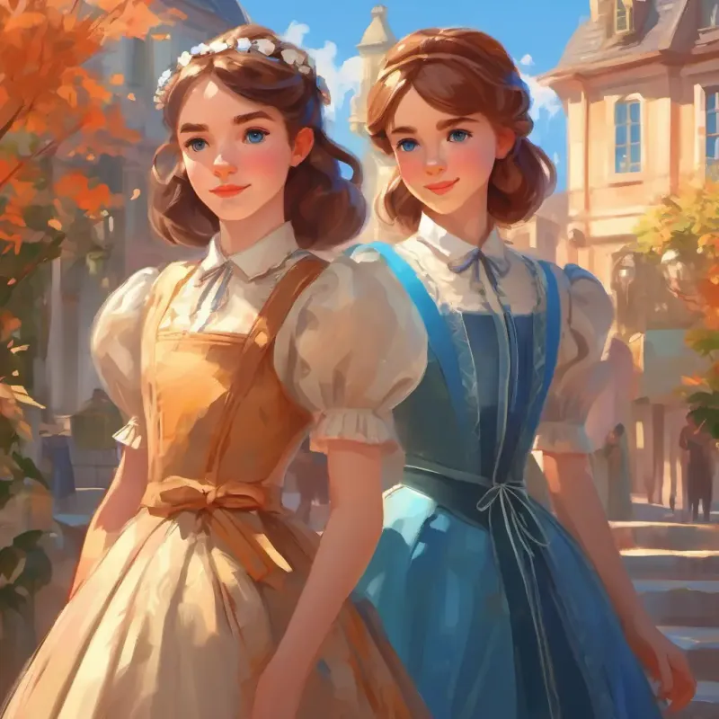 Two girls, scornful expressions, dressed in fancy clothes exclude Kind girl, fair skin, blue eyes, always wearing a warm smile from the ball