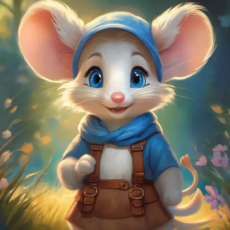 Kind girl, fair skin, blue eyes, always wearing a warm smile helps the mouse, shows compassion