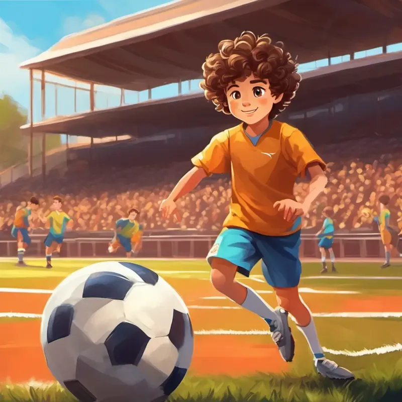 First day at football practice, Boy with curly brown hair, brown eyes, sporty charm puts on cleats.