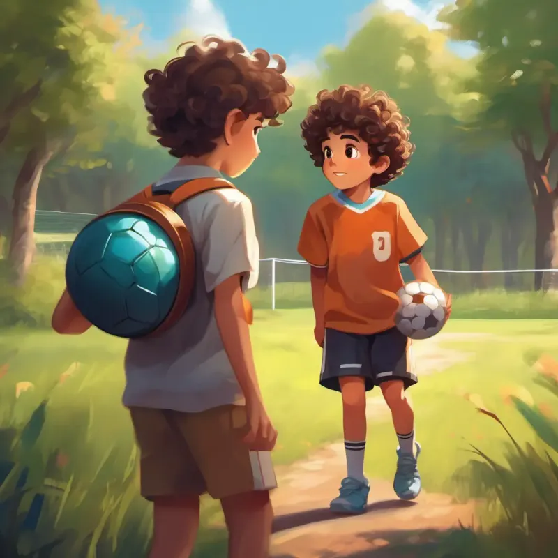Boy with curly brown hair, brown eyes, sporty charm feeling hopeful while playing with the ball.