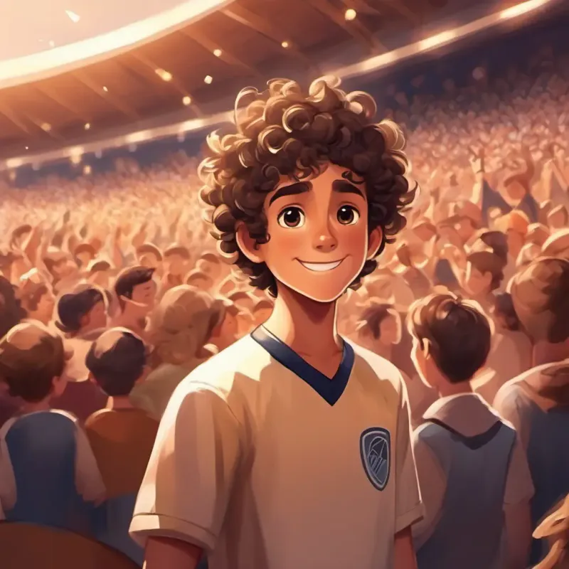 Boy with curly brown hair, brown eyes, sporty charm scores the winning goal, and the crowd cheers loudly.