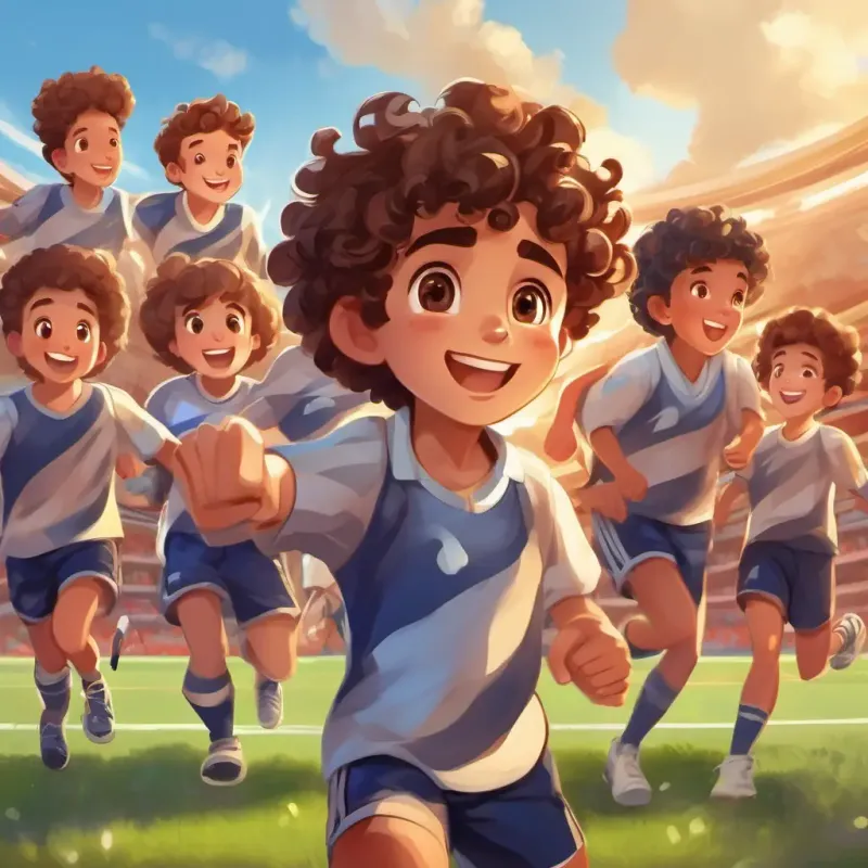Boy with curly brown hair, brown eyes, sporty charm celebrates the win with his team, recognizing teamwork.