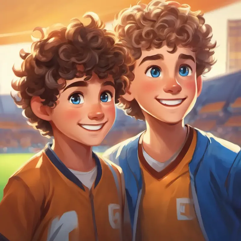 Boy with curly brown hair, brown eyes, sporty charm meets Friendly teammate, short blond hair, blue eyes, welcoming grin, who offers to play with him.
