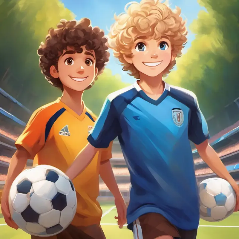 Boy with curly brown hair, brown eyes, sporty charm and Friendly teammate, short blond hair, blue eyes, welcoming grin begin to form a friendship while passing the ball.