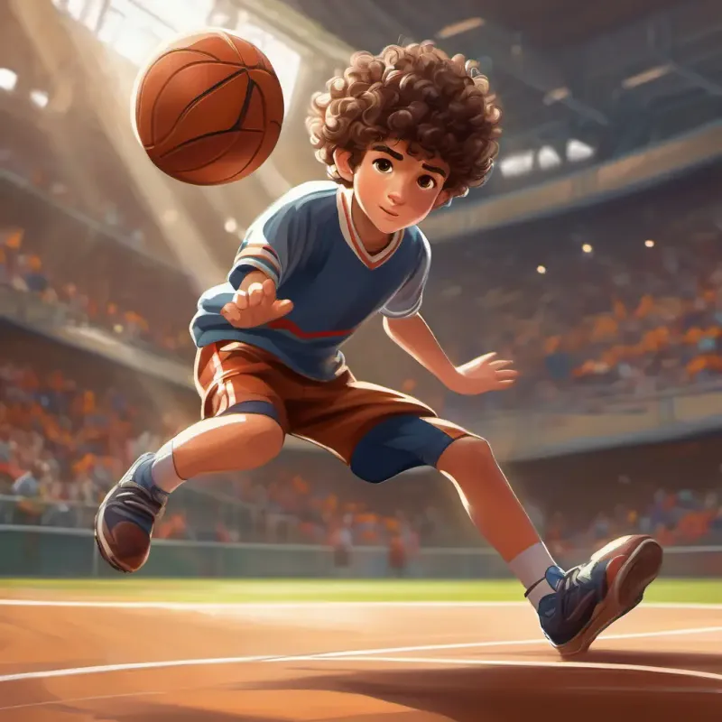 Boy with curly brown hair, brown eyes, sporty charm's confidence grows as he successfully dribbles the ball.