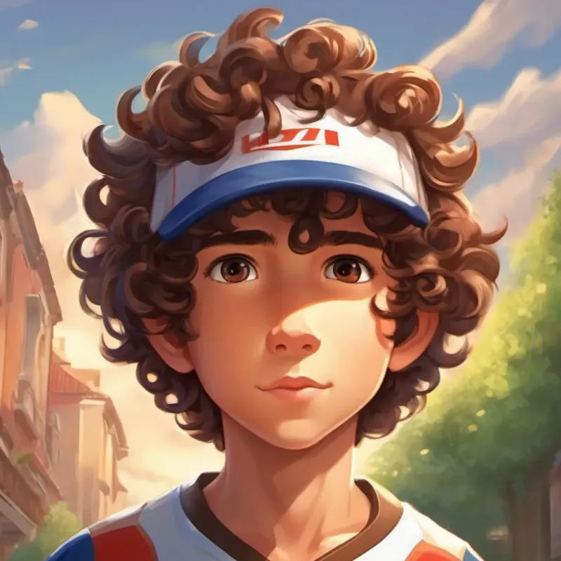 The day of the championship arrives, exciting Boy with curly brown hair, brown eyes, sporty charm.