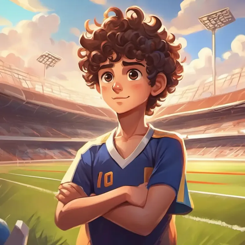 Boy with curly brown hair, brown eyes, sporty charm takes a crucial chance to score in the match.