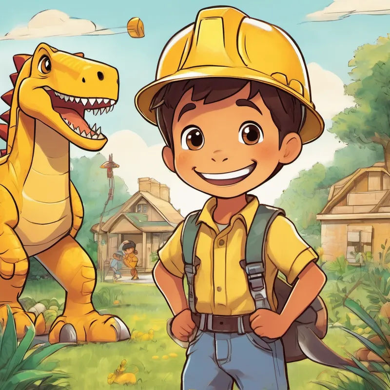 Little boy playing in a big backyard. Yellow skin, big brown eyes, hard hat on head, big smile, the construction dinosaur, with yellow skin and big brown eyes, wearing a hard hat and smiling.