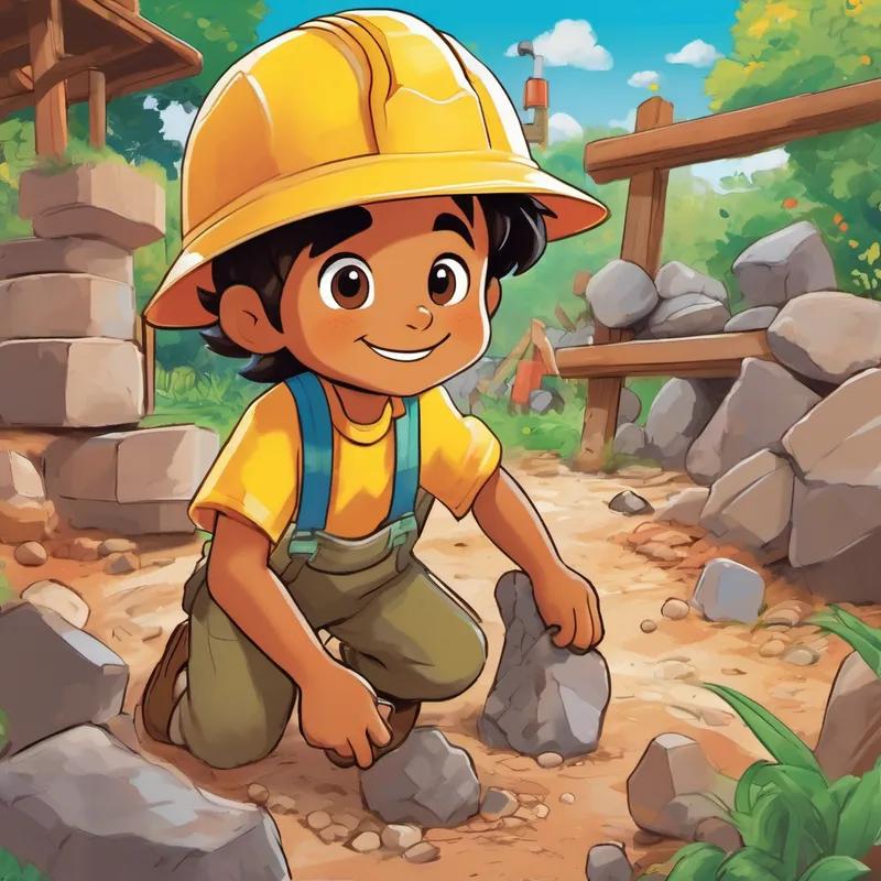 Yellow skin, big brown eyes, hard hat on head, big smile working in Little boy's backyard, moving rocks, digging holes, and carrying colorful bricks.