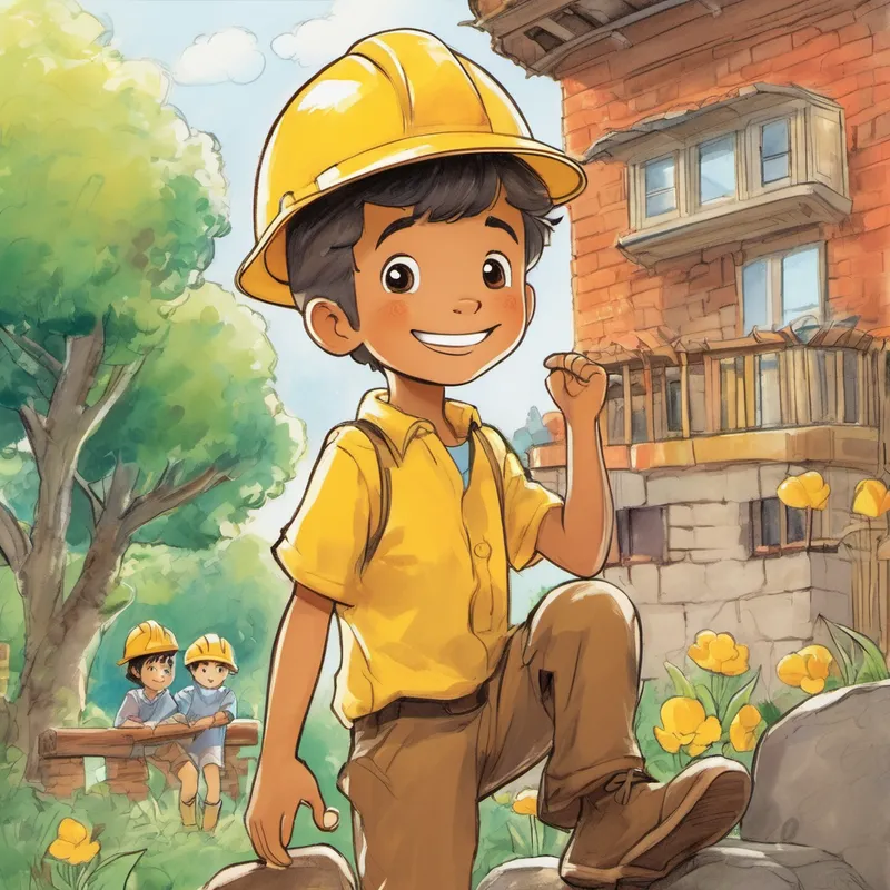 Yellow skin, big brown eyes, hard hat on head, big smile working in Little boy's backyard, tower getting taller, Little boy watching with excitement.