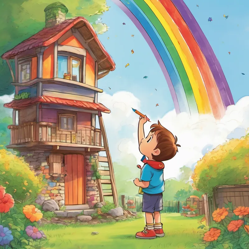 Completed rainbow tower in Little boy's backyard, Little boy looking amazed and happy.
