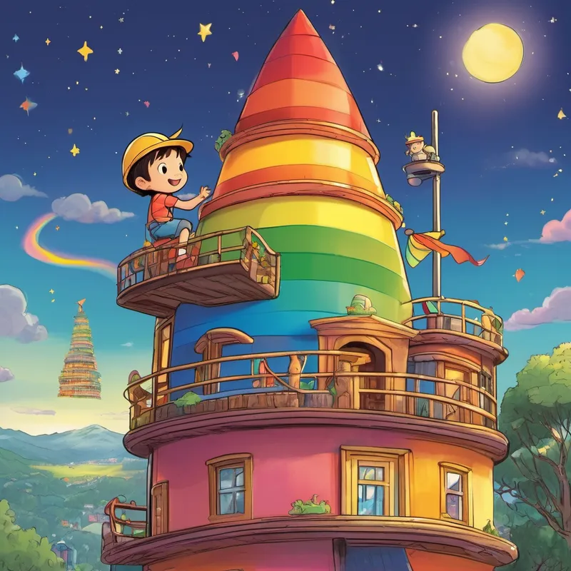 Little boy and Yellow skin, big brown eyes, hard hat on head, big smile playing on top of the rainbow tower, looking happy. The rainbow tower visible from Little boy's window at night.