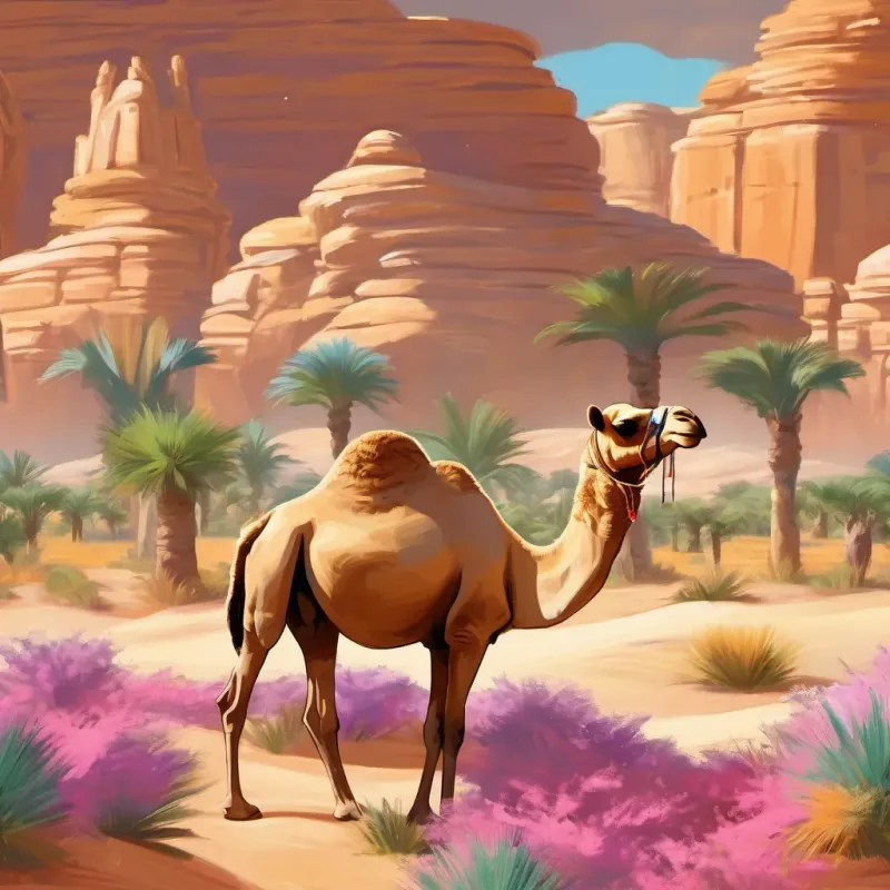A kind and wise camel in a vibrant desert with soft eyes that sparkle.