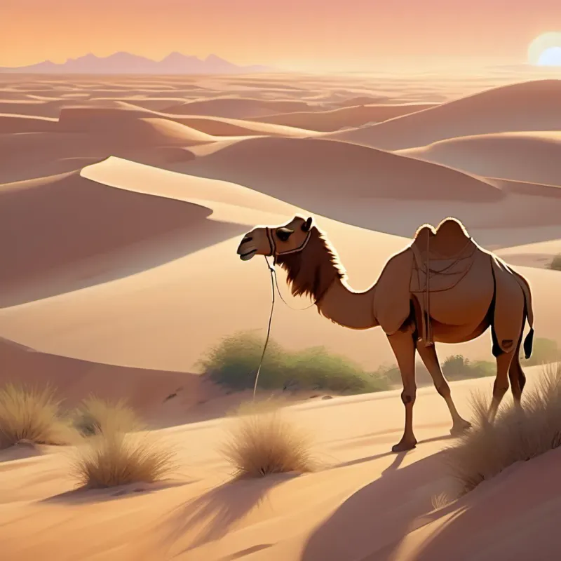 A hot desert with the sun blazing, camel strolling through sand dunes, tiny voice echoing.