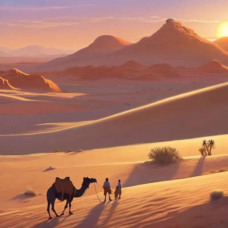 Sun setting over the desert, camel watching ant disappear into the distance, golden glow illuminating the scene.