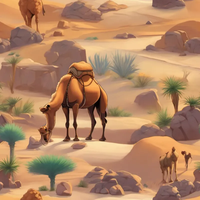Camel and ant sharing a special bond, desert background, both remembering their shared experience.