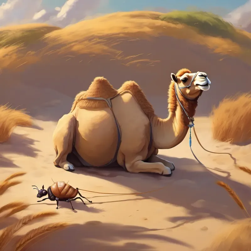 Camel looking down at a small ant struggling to carry a grain of wheat.