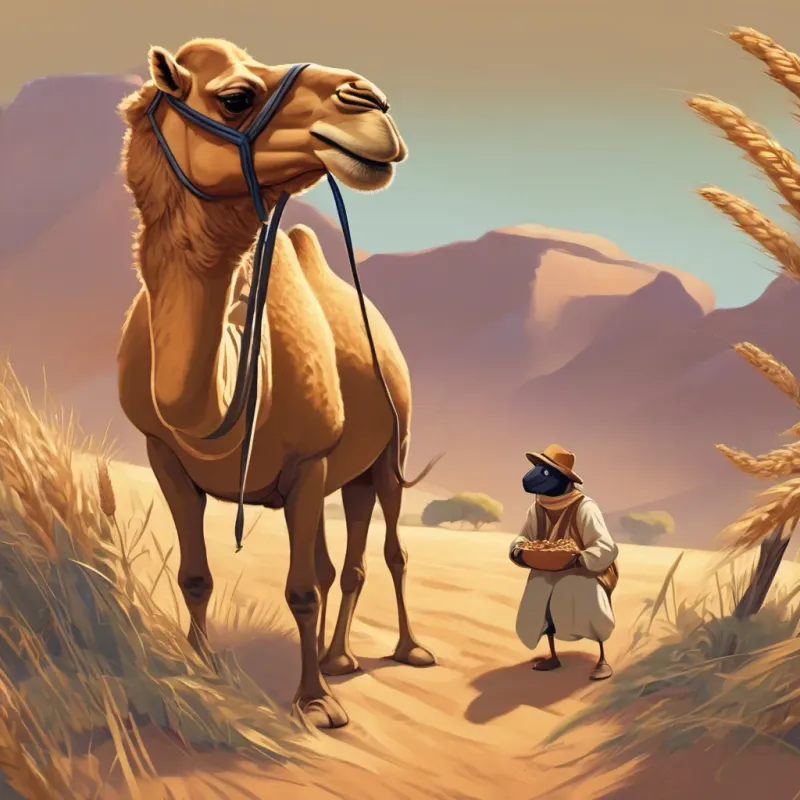 Camel and ant having a conversation, ant looking tired and holding a grain of wheat.