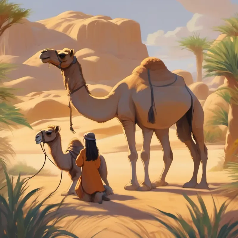 Camel kneeling down and ant climbing onto her soft fur, camel beginning to walk towards the oasis.